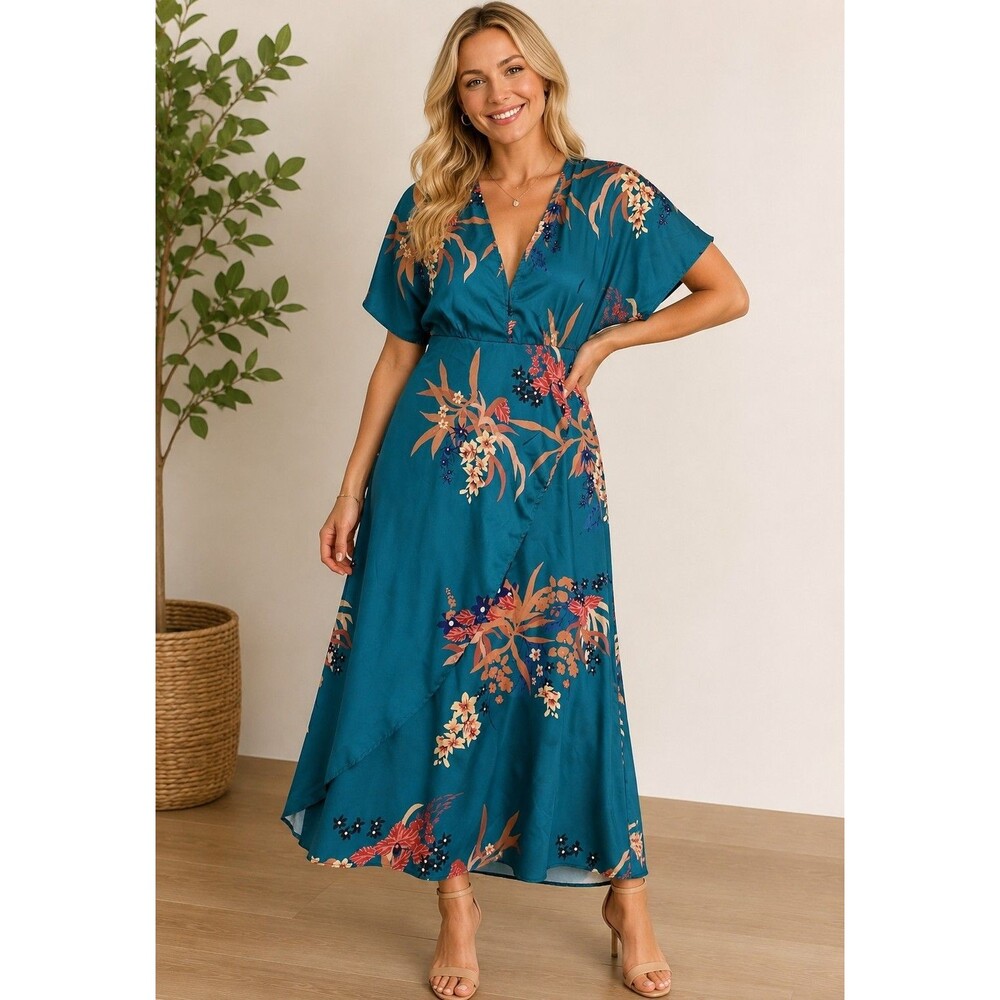Sheilay Dress Spring Floral Green Women Size Medium Long Maxi Short Sleeve